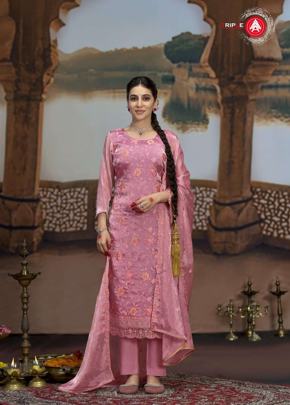 Triple Oscar Silk Fabric Party Wear Pakistani Salwar Suits Wholesaler In Surat.