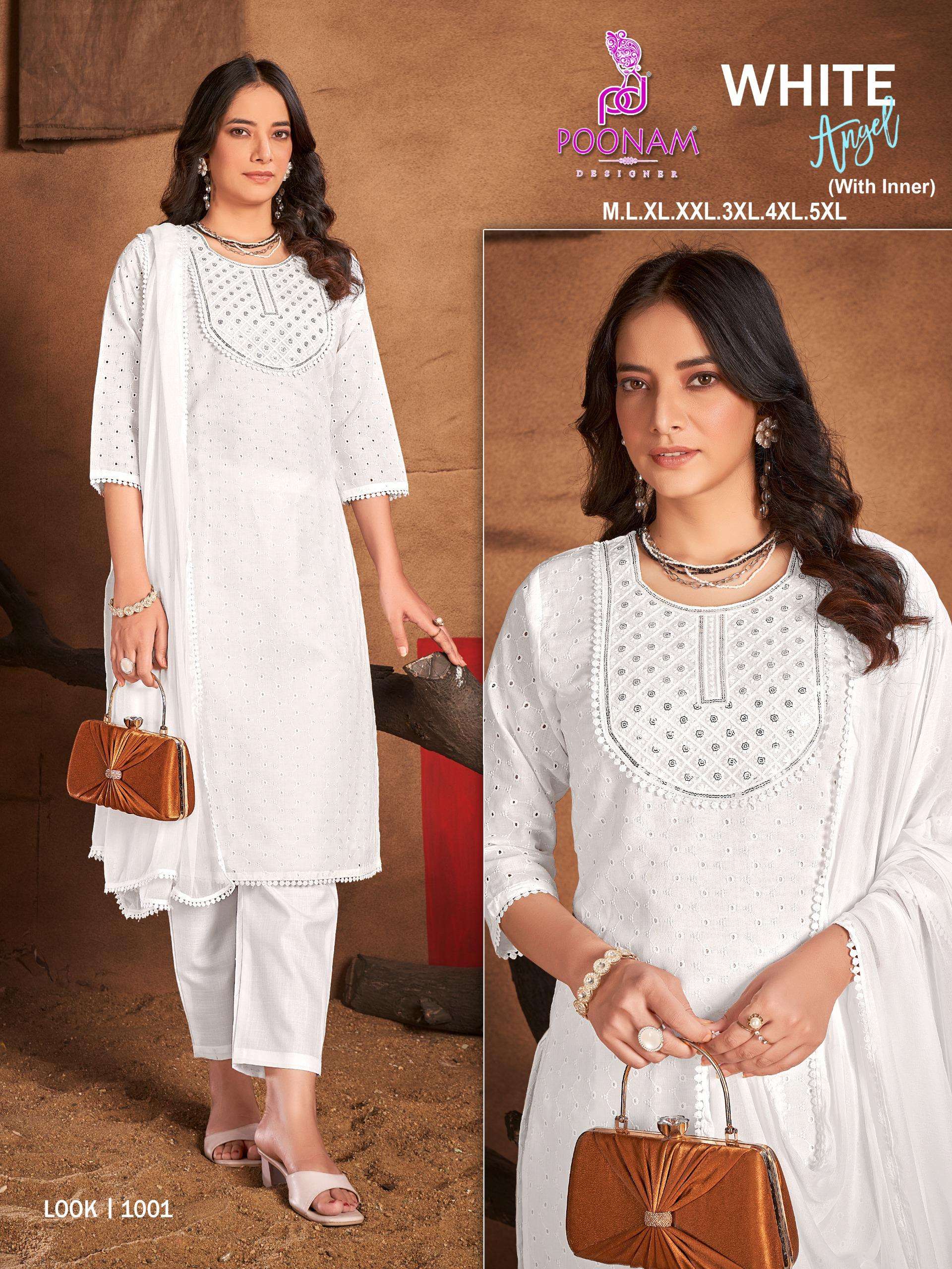 Poonam Designer White Angle Cotton  Kurti With Rayon Fabric Readymade Kurti Wholesaler In Surat.